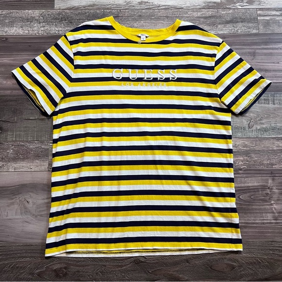 GUESS Los Angeles Mens Y2K Retro Embroidered Logo Tee Cotton Yellow Navy Striped - Picture 1 of 7